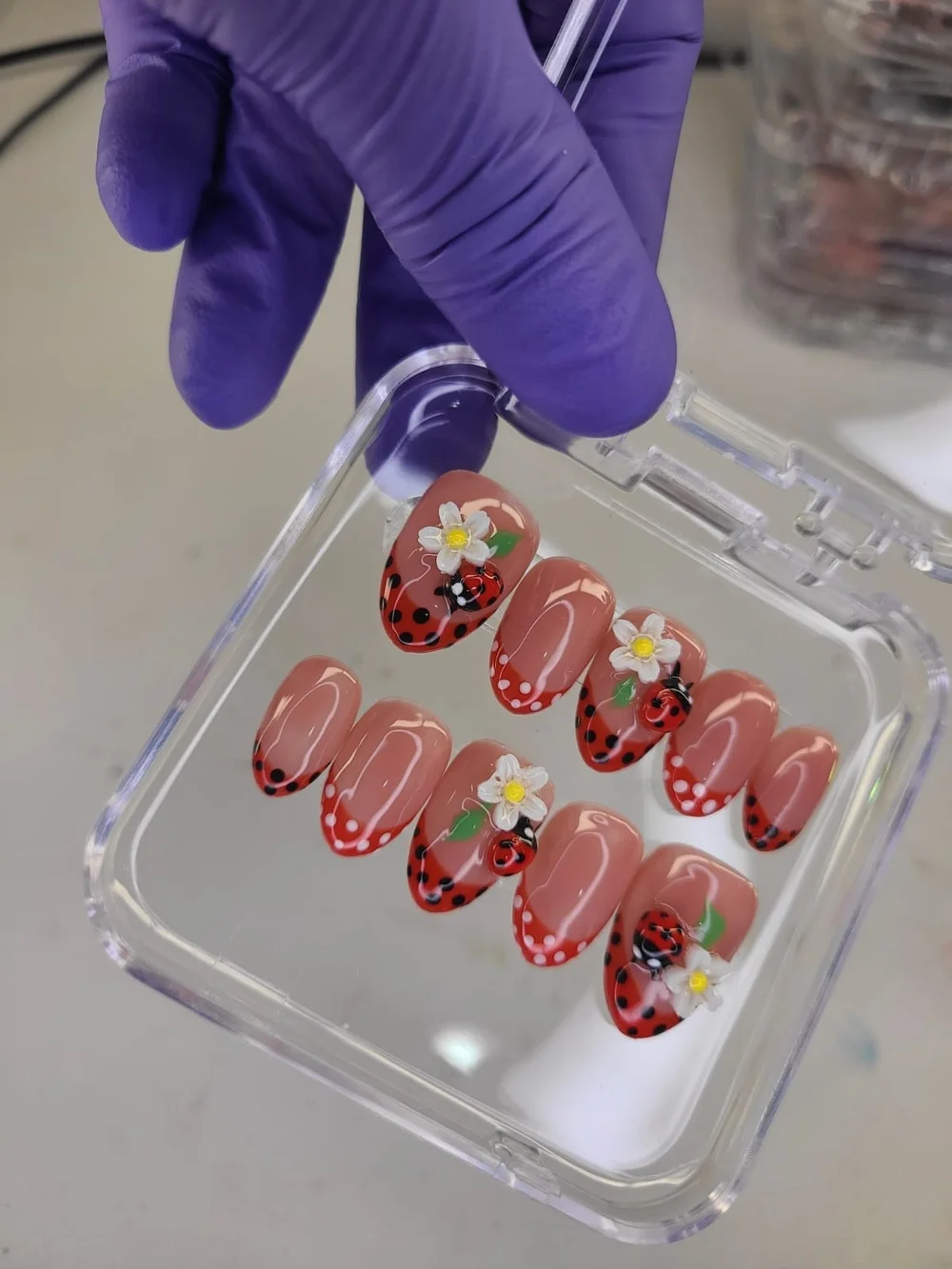 Size(M)Press-On Nail Set with Red Ladybug & Flower Design